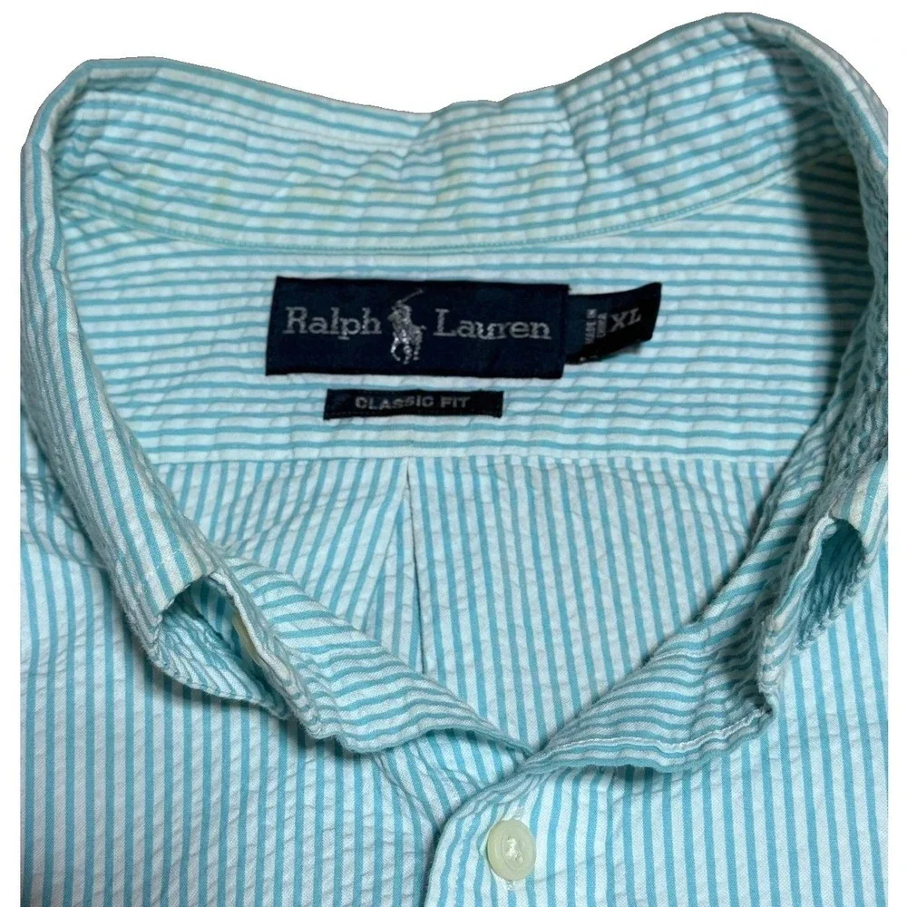 Polo Ralph Lauren Seersucker Shirt Mens XL Blue White Stripe Short Sleeve Pony